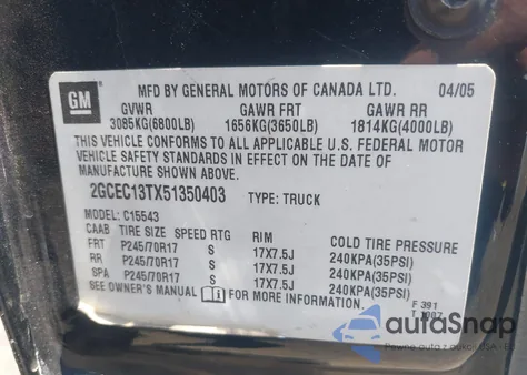 2005 Chevrolet Silverado 1500 Ls from USA, damaged, VIN 2GCEC13TX51350403